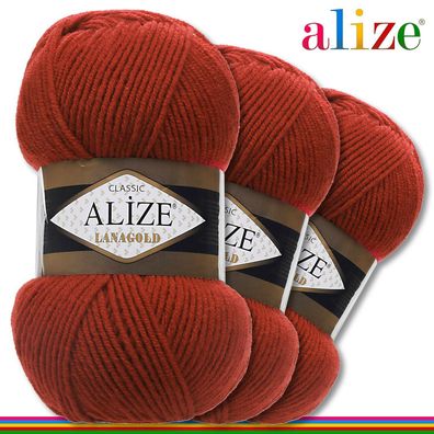 Alize 3 x 100 g Lanagold Premium Wolle 49%Wolle-51%Acryl | Tabak 36 |Handarbeit