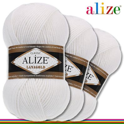 Alize 3 x 100 g Lanagold Premium Wolle 49%Wolle-51%Acryl | Weiß 55 |Handarbeit