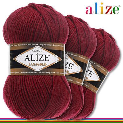 Alize 3 x 100 g Lanagold Premium Wolle 49%Wolle-51%Acryl |Bordeaux 57|Handarbeit