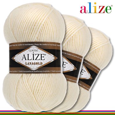 Alize 3 x 100 g Lanagold Premium Wolle 49%Wolle-51%Acryl |Creme 01|Handarbeit
