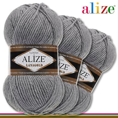 Alize 3 x 100 g Lanagold Premium Wolle 49%Wolle-51%Acryl |Grau Melange 21|