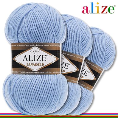 Alize 3 x 100 g Lanagold Premium Wolle 49%Wolle-51%Acryl |Hellblau 40|Handarbeit