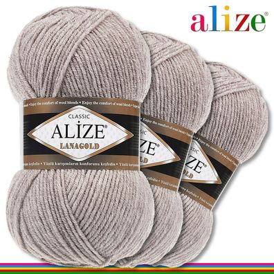 Alize 3 x 100 g Lanagold Premium Wolle 49%Wolle-51%Acryl |Hellbraun Melange 207|