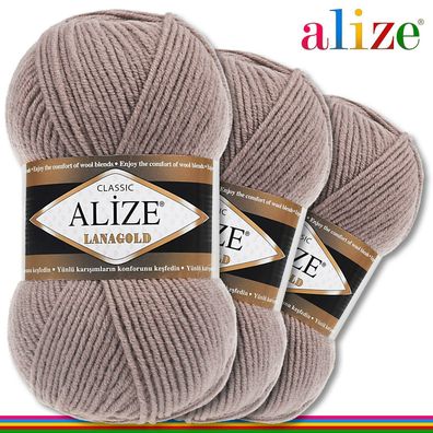 Alize 3 x 100 g Lanagold Premium Wolle 49%Wolle-51%Acryl |Milchkaffee 584 |