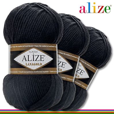 Alize 3 x 100 g Lanagold Premium Wolle 49%Wolle-51%Acryl |Schwarz 60|Handarbeit