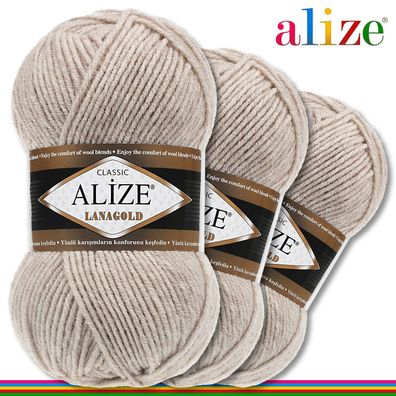 Alize 3 x 100 g Lanagold Premium Wolle 49%Wolle-51%Acryl| Beige Melange 152 |