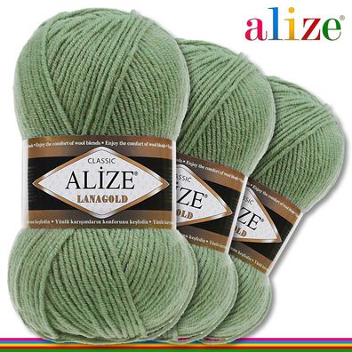 Alize 3 x 100 g Lanagold Premium Wolle 49%Wolle-51%Acryl| Grün 180 | Handarbeit