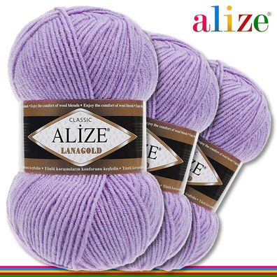 Alize 3 x 100 g Lanagold Premium Wolle 49%Wolle-51%Acryl| Lila 166| Handarbeit