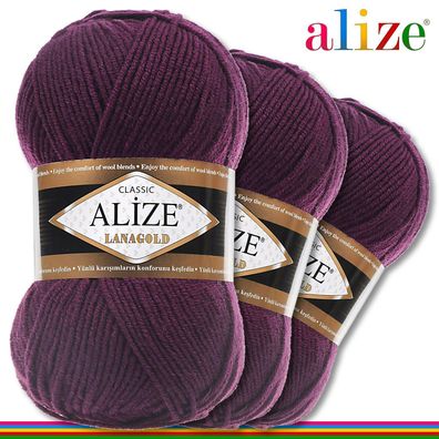 Alize 3 x 100 g Lanagold Premium Wolle 49%Wolle-51%Acryl| Pflaume 111|Handarbeit