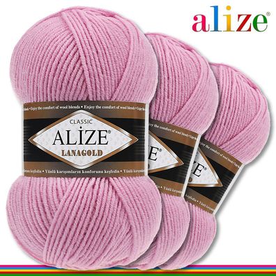 Alize 3 x 100 g Lanagold Premium Wolle 49%Wolle-51%Acryl| Rosa 98 |Handarbeit
