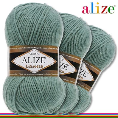 Alize 3 x 100 g Lanagold Premium Wolle 49%Wolle-51%Acryl|Azurblau 386|Handarbeit