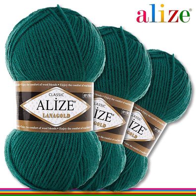 Alize 3 x 100 g Lanagold Premium Wolle 49%Wolle-51%Acryl|Flaschengrün 507|