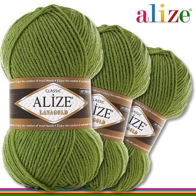 Alize 3 x 100 g Lanagold Premium Wolle 49%Wolle-51%Acryl|Grasgrün 485|Handarbeit