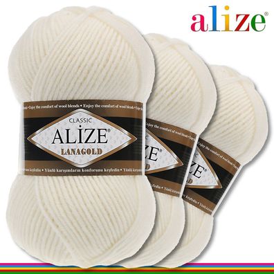Alize 3 x 100 g Lanagold Premium Wolle 49%Wolle-51%Acryl|Hellcreme 62|Handarbeit