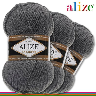 Alize 3 x 100 g Lanagold Premium Wolle 49%Wolle-51%Acryl|Mittelgrau Melange 182|