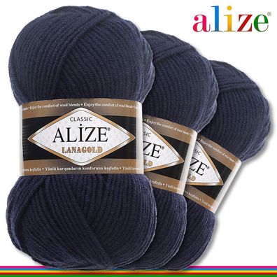 Alize 3 x 100 g Lanagold Premium Wolle 49%Wolle-51%Acryl|Nachtblau 58|Handarbeit