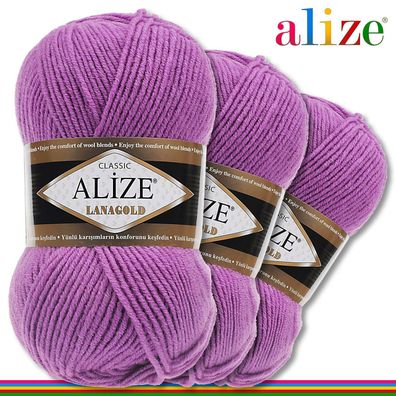 Alize 3 x 100 g Lanagold Premium Wolle 49%Wolle-51%Acryl|Orchidee 260|Handarbeit
