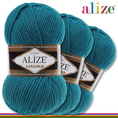Alize 3 x 100 g Lanagold Premium Wolle 49%Wolle-51%Acryl|Türkis 640 |Handarbeit