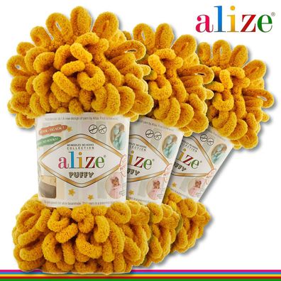Alize 3 x 100 g Puffy Premium Wolle | 02 Senf | Schlaufenwolle Handstricken