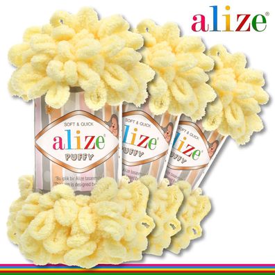 Alize 3 x 100 g Puffy Premium Wolle | 13 Hellgelb | Schlaufenwolle Handstricken