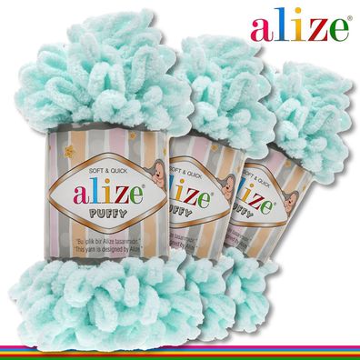 Alize 3 x 100 g Puffy Premium Wolle | 15 Mint | Schlaufenwolle Handstricken