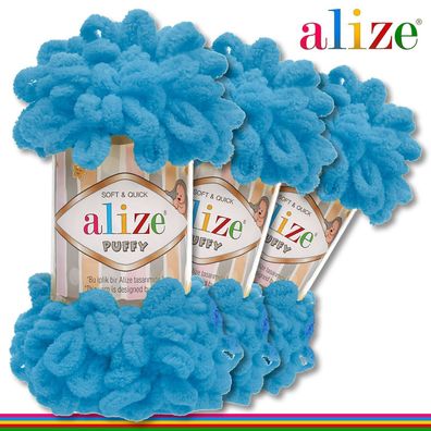 Alize 3 x 100 g Puffy Premium Wolle | 16 Azurblau | Schlaufenwolle Handstricken