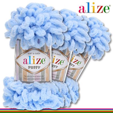 Alize 3 x 100 g Puffy Premium Wolle | 183 Hellblau| Schlaufenwolle Handstricken