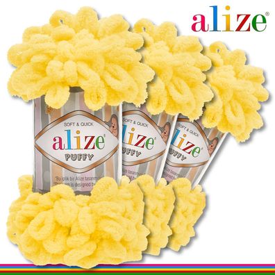 Alize 3 x 100 g Puffy Premium Wolle | 216 Gelb | Schlaufenwolle Handstricken