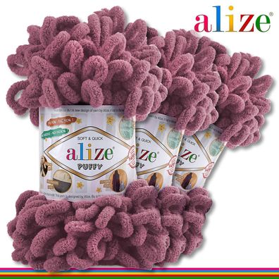 Alize 3 x 100 g Puffy Premium Wolle | 28 Mauve | Schlaufenwolle Handstricken