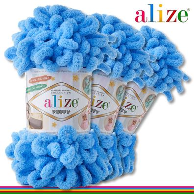 Alize 3 x 100 g Puffy Premium Wolle | 289 Blau | Schlaufenwolle Handstricken