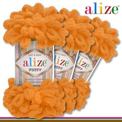 Alize 3 x 100 g Puffy Premium Wolle | 336 Orange | Schlaufenwolle Handstricken