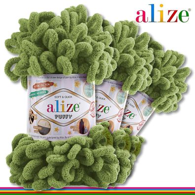 Alize 3 x 100 g Puffy Premium Wolle | 485 Grün | Schlaufenwolle Handstricken