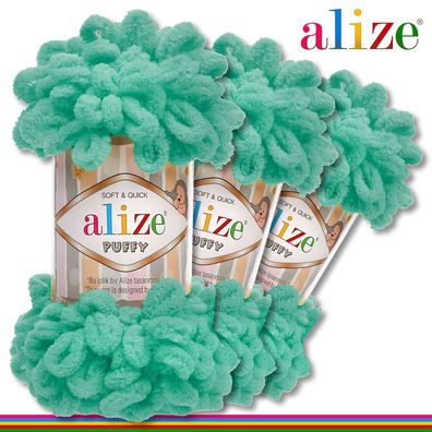 Alize 3 x 100 g Puffy Premium Wolle | 490 Seegrün| Schlaufenwolle Handstricken