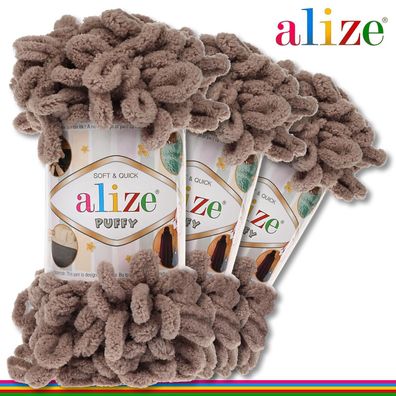Alize 3 x 100 g Puffy Premium Wolle | 530 Taupe | Schlaufenwolle Handstricken