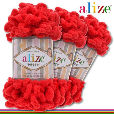 Alize 3 x 100 g Puffy Premium Wolle | 56 Rot | Schlaufenwolle Handstricken