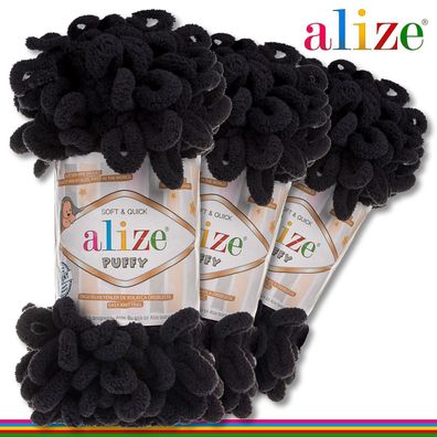 Alize 3 x 100 g Puffy Premium Wolle | 60 Schwarz | Schlaufenwolle Handstricken