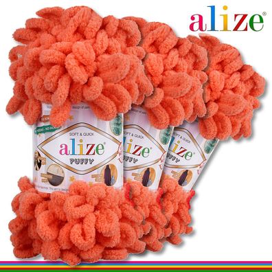 Alize 3 x 100 g Puffy Premium Wolle | 619 Koralle | Schlaufenwolle Handstricken