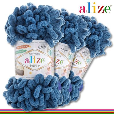 Alize 3 x 100 g Puffy Premium Wolle | 637 Indigo | Schlaufenwolle Handstricken