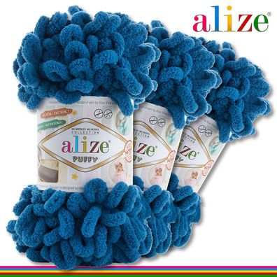 Alize 3 x 100 g Puffy Premium Wolle | 646 Petrol | Schlaufenwolle Handstricken