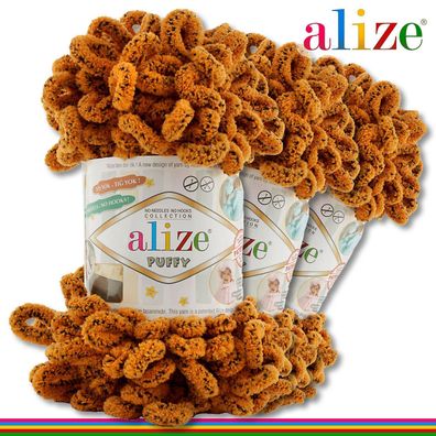 Alize 3 x 100 g Puffy Premium Wolle | 717 Tiger | Schlaufenwolle Handstricken