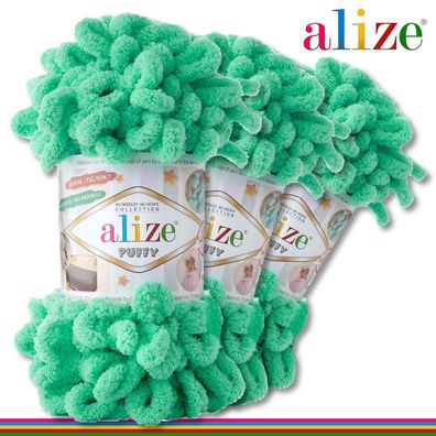 Alize 3 x 100 g Puffy Premium Wolle | 741 Türkis | Schlaufenwolle Handstricken