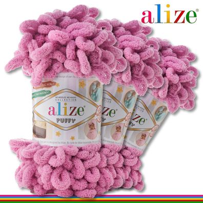 Alize 3 x 100 g Puffy Premium Wolle | 98 Rose | Schlaufenwolle Handstricken
