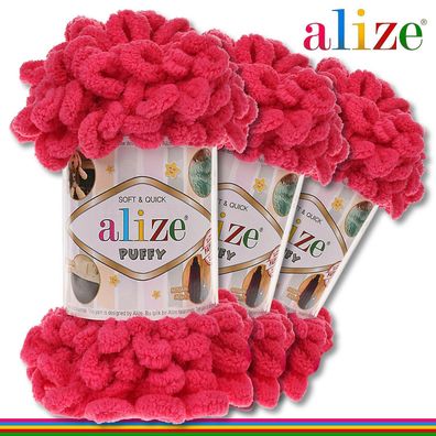 Alize 3 x 100 g Puffy Premium Wolle |149 Fuchsia| Schlaufenwolle Handstricken