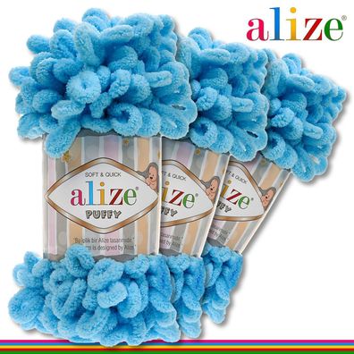 Alize 3 x 100 g Puffy Premium Wolle |287 Himmelblau|Schlaufenwolle Handstricken