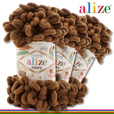 Alize 3 x 100 g Puffy Premium Wolle |321 Mokka| Schlaufenwolle Handstricken