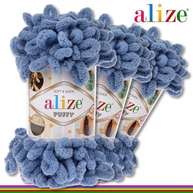 Alize 3 x 100 g Puffy Premium Wolle |374 Blau| Schlaufenwolle Handstricken