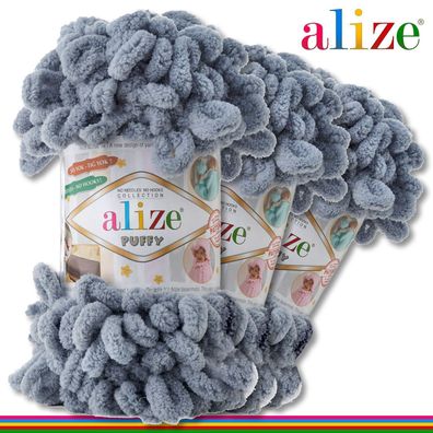 Alize 3 x 100 g Puffy Premium Wolle |428 Grau | Schlaufenwolle Handstricken