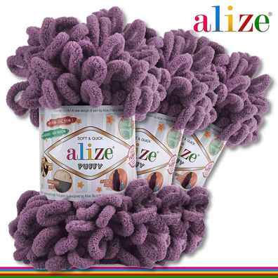 Alize 3 x 100 g Puffy Premium Wolle |437 Lavendel | Schlaufenwolle Handstricken