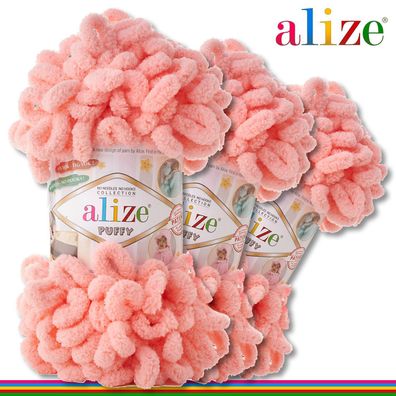 Alize 3 x 100 g Puffy Premium Wolle |529 Lachs| Schlaufenwolle Handstricken