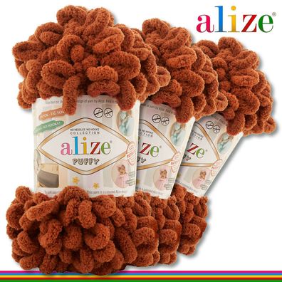 Alize 3 x 100 g Puffy Premium Wolle |597 Zimt| Schlaufenwolle Handstricken